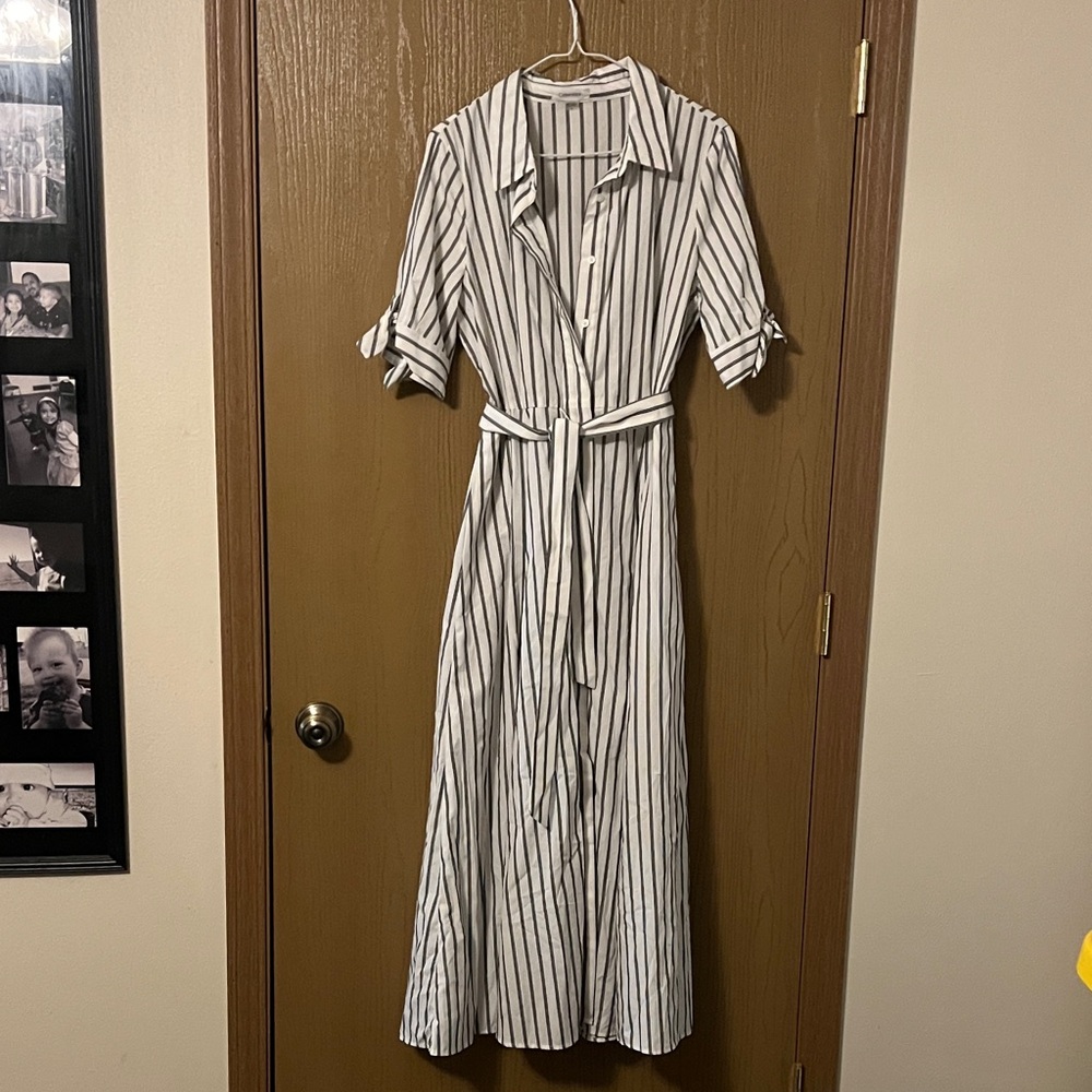Calvin Klein Black and White Striped Long Sleeve Dress